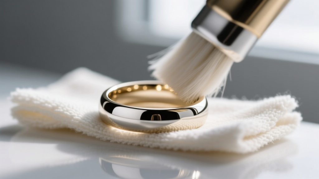 Close-up of a microfiber cloth gently buffing an 18k white gold wedding band to restore its bright, mirror-like metallic finish.