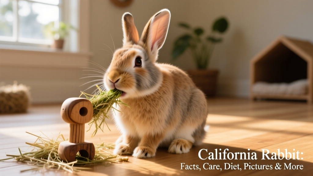 A happy, healthy Californian rabbit nibbling fresh hay while sitting beside a simple wooden chew toy