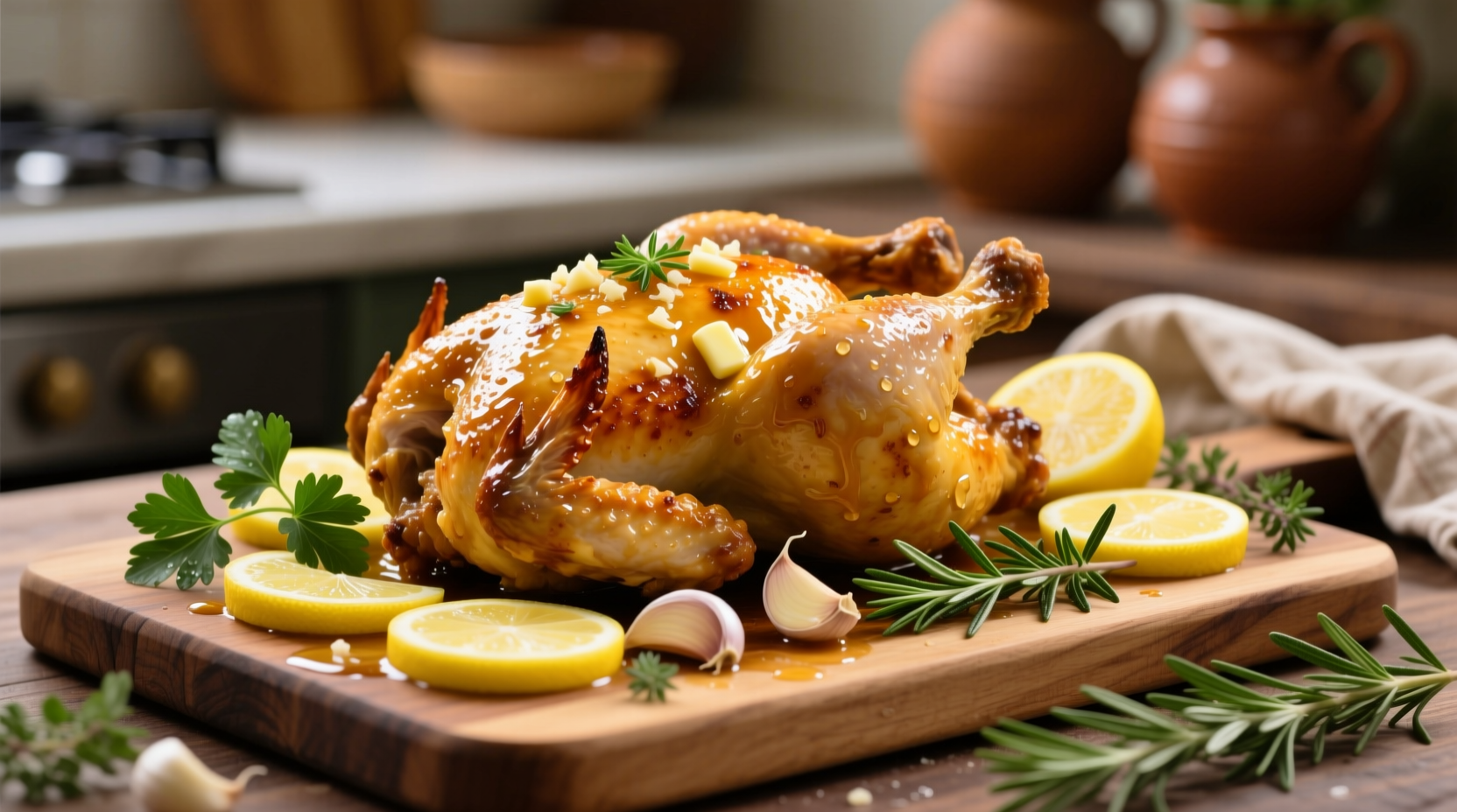 Golden lemon garlic chicken with fresh herbs