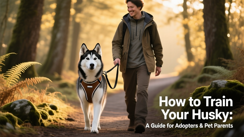 A Husky walking calmly beside its owner on a quiet path, leash slack, wearing a properly fitted back-clip harness