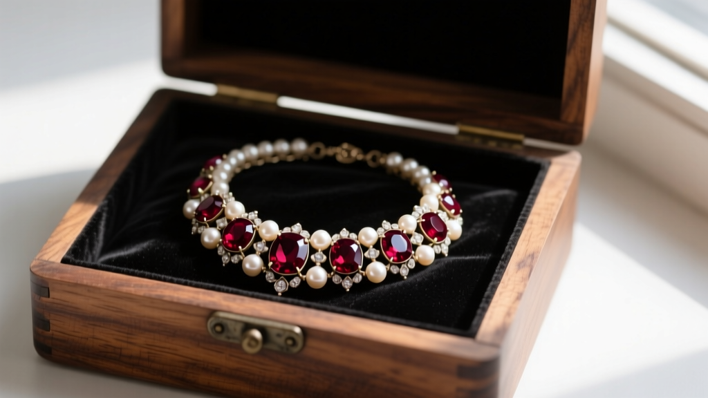 Antique wooden box lined with tarnish-resistant black velvet, displaying a neatly coiled vintage garnet and seed pearl choker.