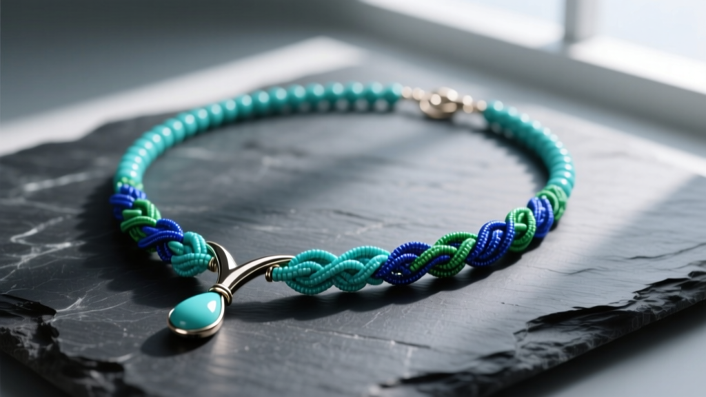 Turquoise beaded lariat necklace on dark slate, highlighting the Y-drop sliding clasp and intricate silk knotwork.
