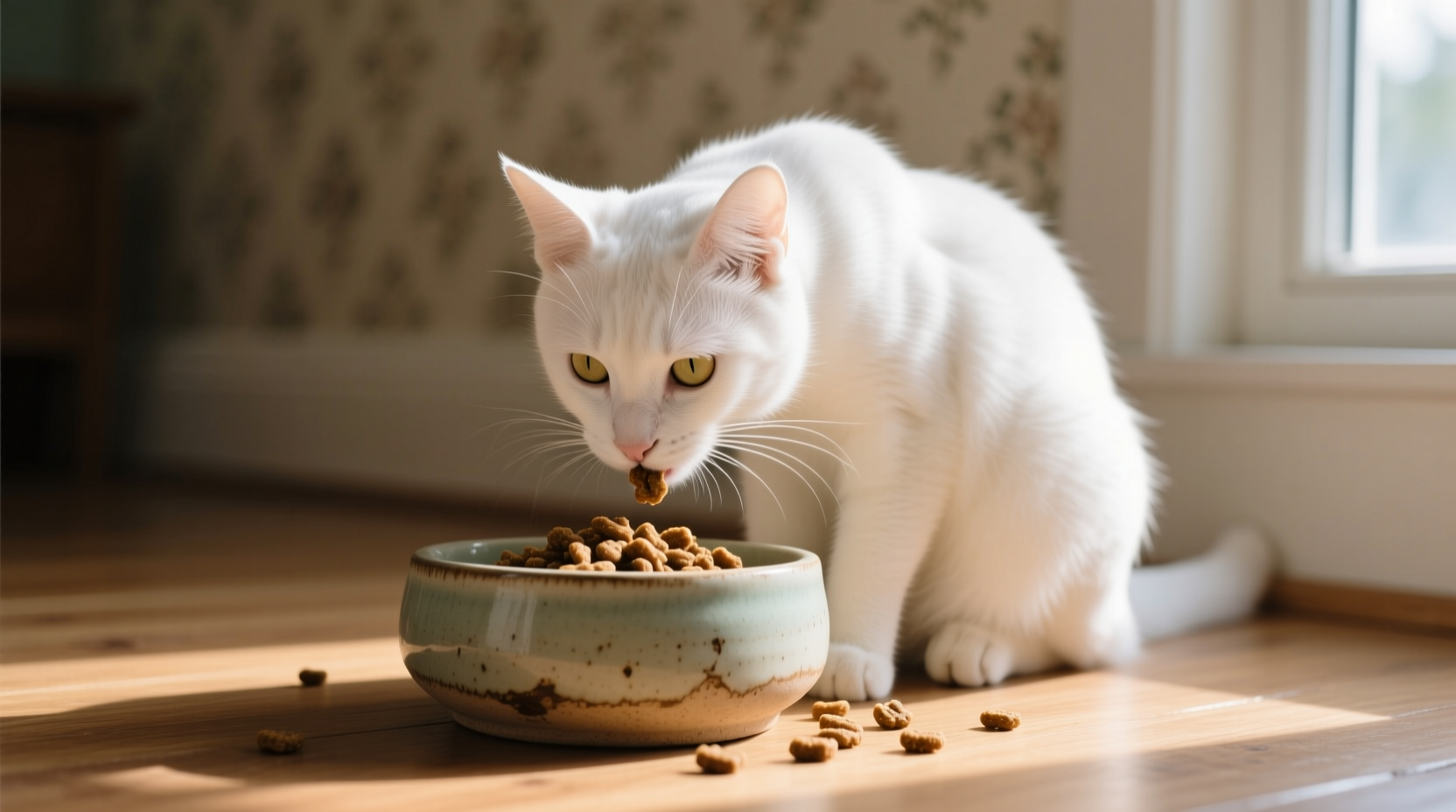 Cat eating from ceramic food bowl with dry kibble