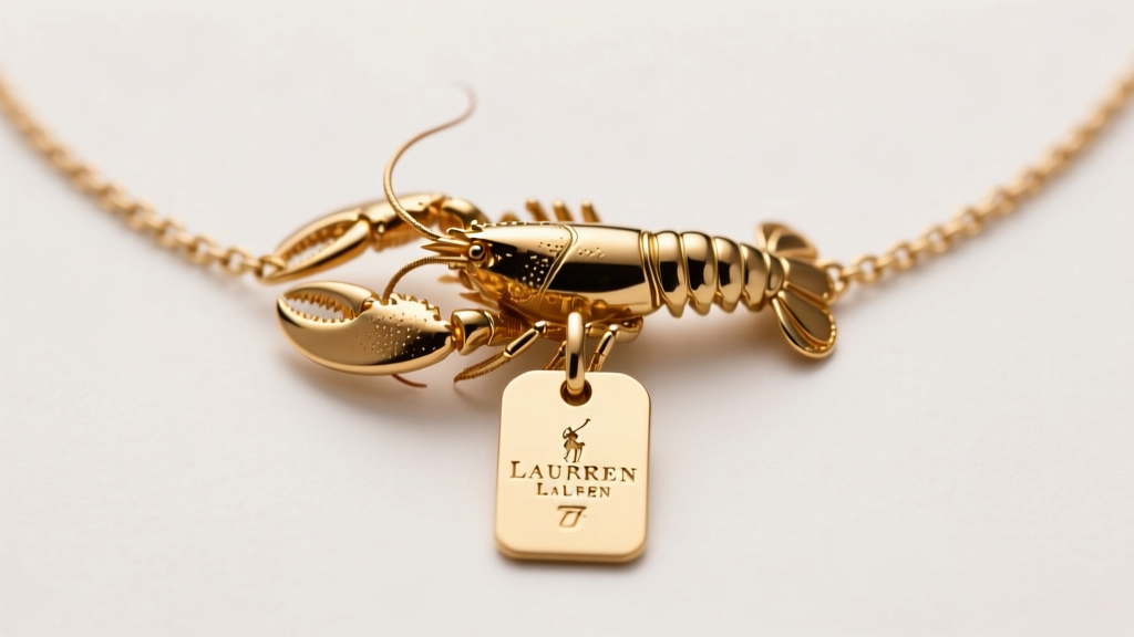Macro shot of Lauren Ralph Lauren necklace lobster clasp and branded tag, highlighting gold plating texture and hallmark stamp