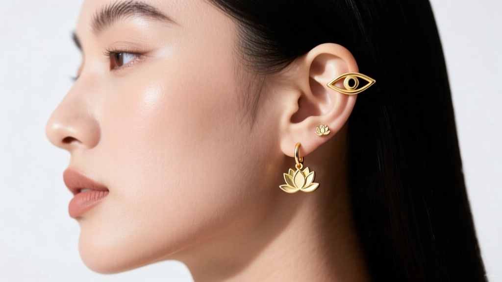 Side profile of a model wearing delicate gold Eye of Horus ear cuffs and small lotus huggies, showcasing a modern minimalist style