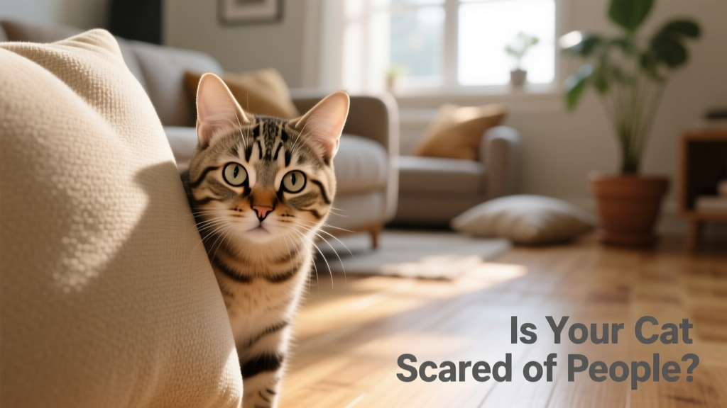 A shy cat peeking from behind a sofa cushion, ears flattened slightly, eyes watchful but not panicked
