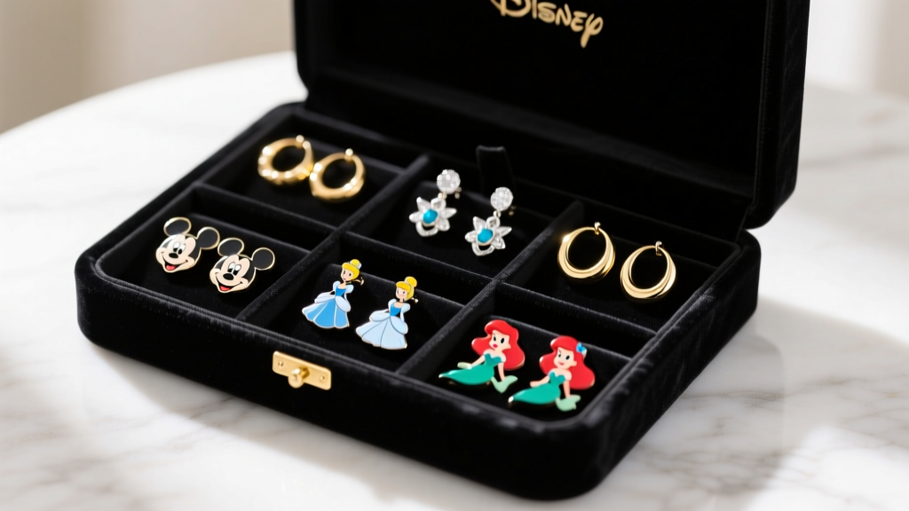 Velvet-lined box with separate compartments storing Disney character hoop earrings to prevent metal scratching and post tangling.