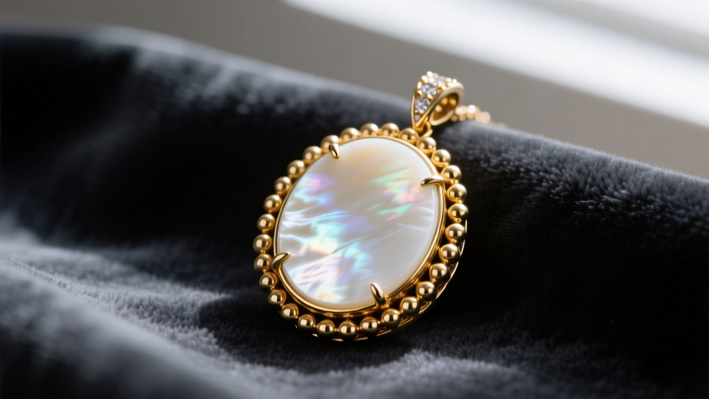Close-up of a Van Cleef Alhambra pendant showing white mother-of-pearl and 18k gold beaded edges on dark slate velvet fabric