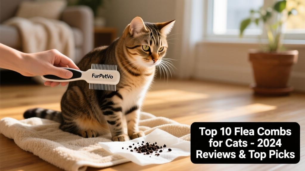 A calm tabby cat sitting on a towel while being gently combed with a FurPetVo flea comb, with visible flea dirt collected on a damp paper towel beside them