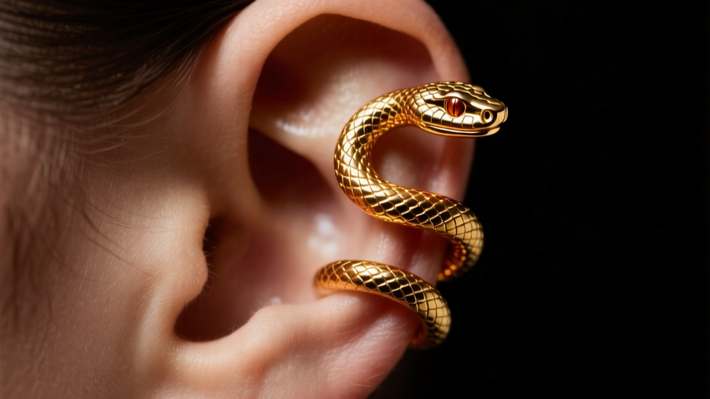 Macro shot of an 18k gold snake ear cuff wrapping the helix cartilage, dramatic moody lighting against a dark studio backdrop.