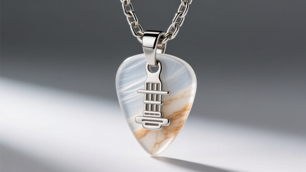 Macro shot of a 1.5mm thick Ultem guitar pick pendant featuring a securely crimped sterling silver pinch bail on a heavy chain.