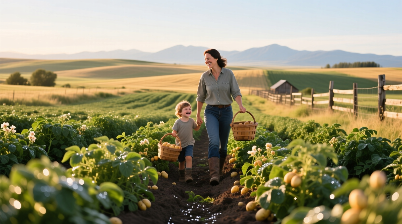 Family touring potato fields during harvest season in Idaho