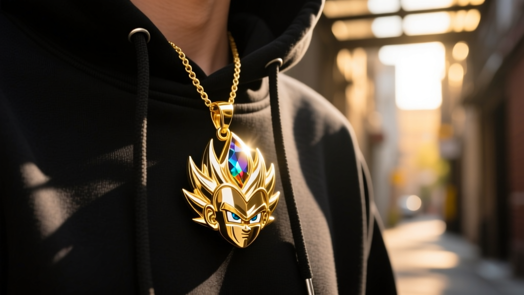 Close-up of a 14k gold-plated Goku Super Saiyan pendant on a black streetwear hoodie, dramatic lighting highlighting gem eyes.