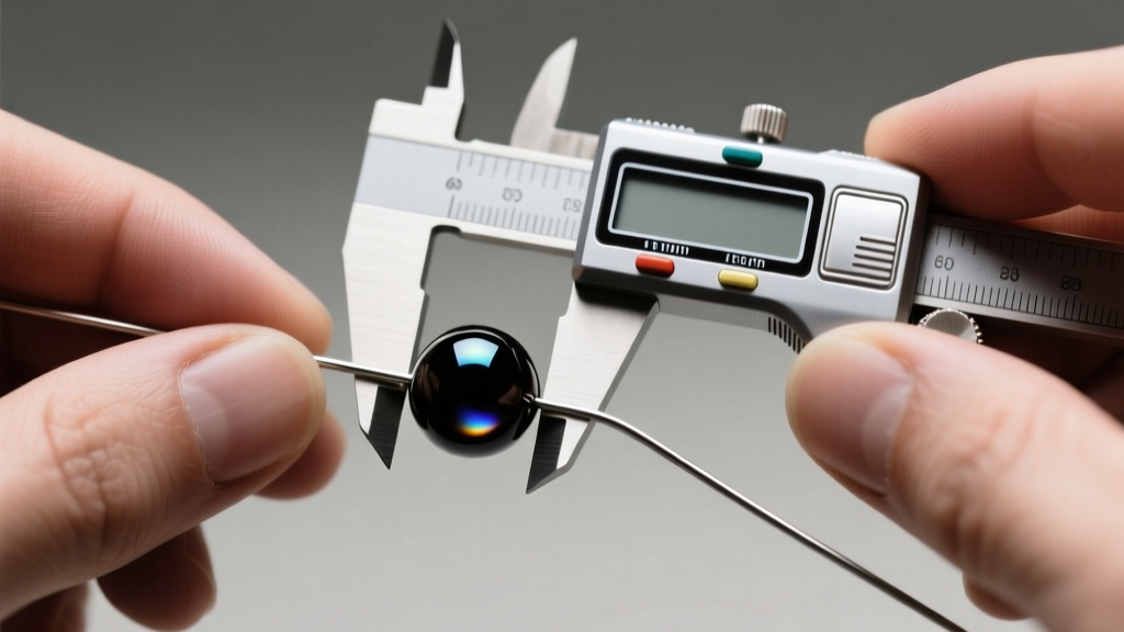 Close-up of jeweler hands using a digital caliper to measure a perfectly round 6mm synthetic magnetic hematite bead on steel wire