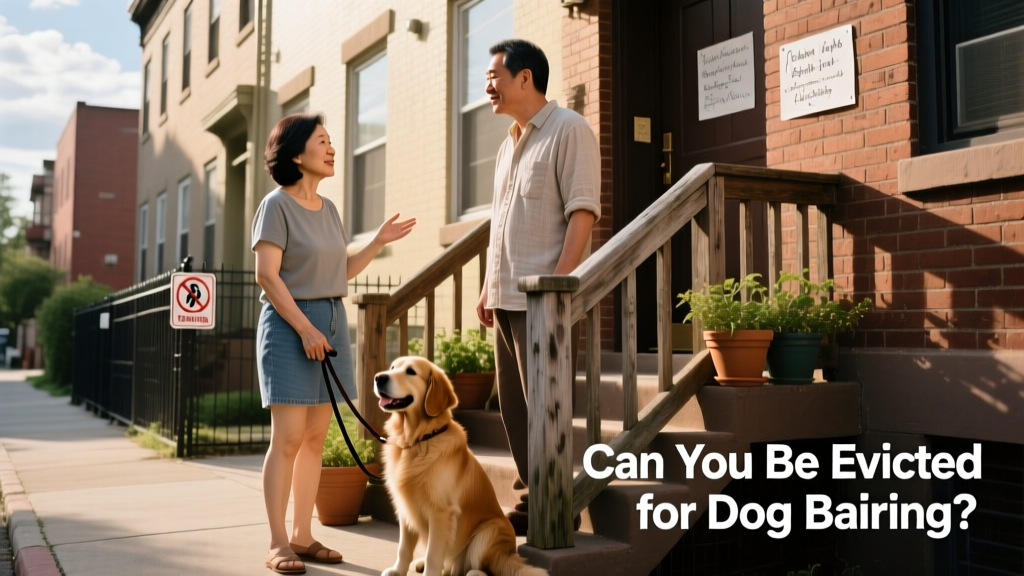 A tenant speaking calmly with a neighbor outside an apartment building