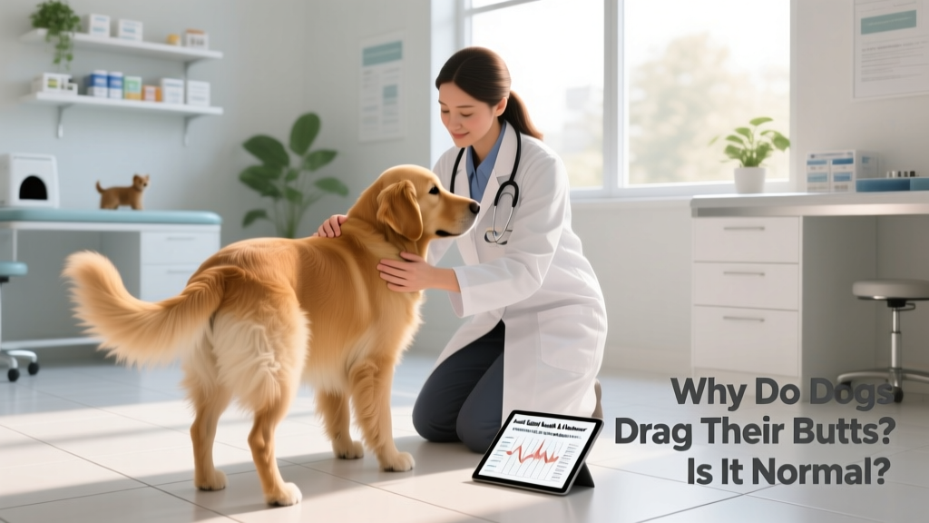 Veterinarian gently examining a dog's rear during a routine checkup