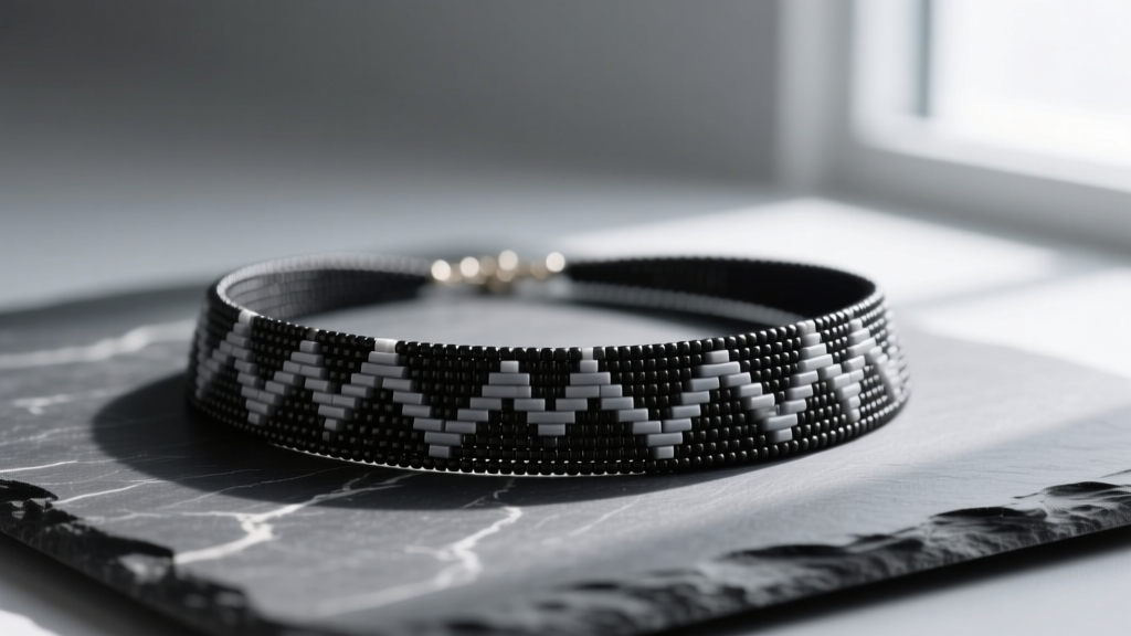 Close-up of a modern geometric brick stitch seed bead necklace in matte monochromatic tones, resting on a dark slate surface.