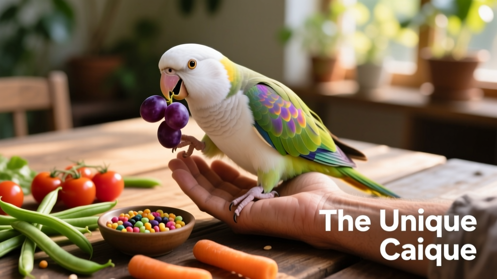 A white-bellied caique happily holding a grape in its beak while perched on a hand, with fresh vegetables and pellets visible nearby