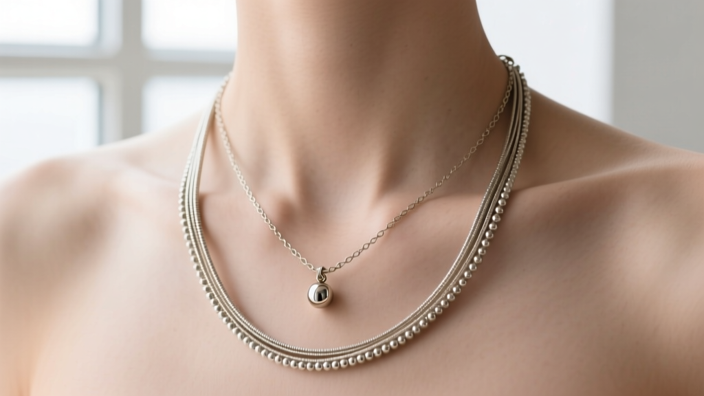 Profile of a 28-inch lariat hanging necklace, highlighting the drape and a small counterweight bead resting on the collarbone.