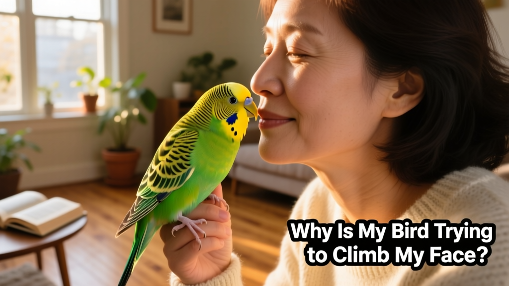 A budgie gently nuzzling a person's hand near their chin, showing affectionate behavior
