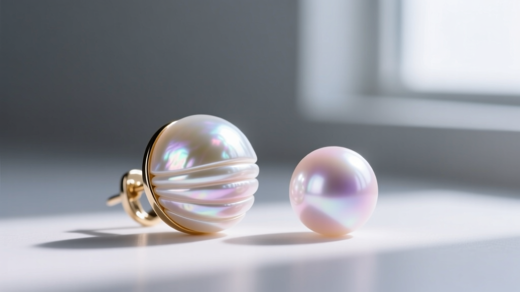 Side profile of a genuine Akoya pearl earring showing thick nacre layers and high luster reflection next to a synthetic faux pearl