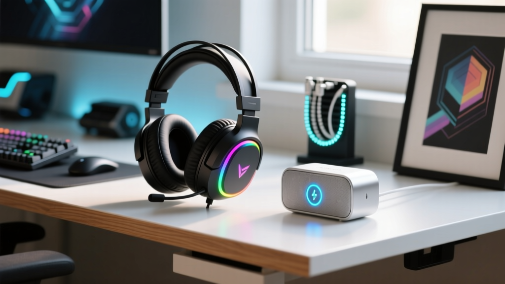 A tech enthusiast desk showing a primary gaming headset and a secondary portable Bluetooth speaker ready for a quick match audio swap.