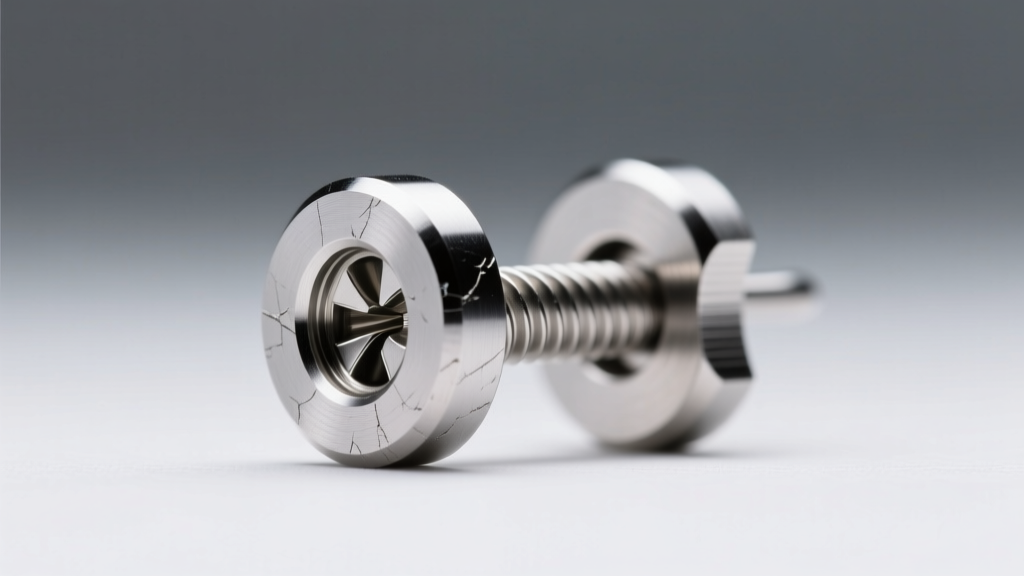 Close-up of a threaded 20g titanium earring post with a screw-on back, showing machined threads under bright studio lighting.