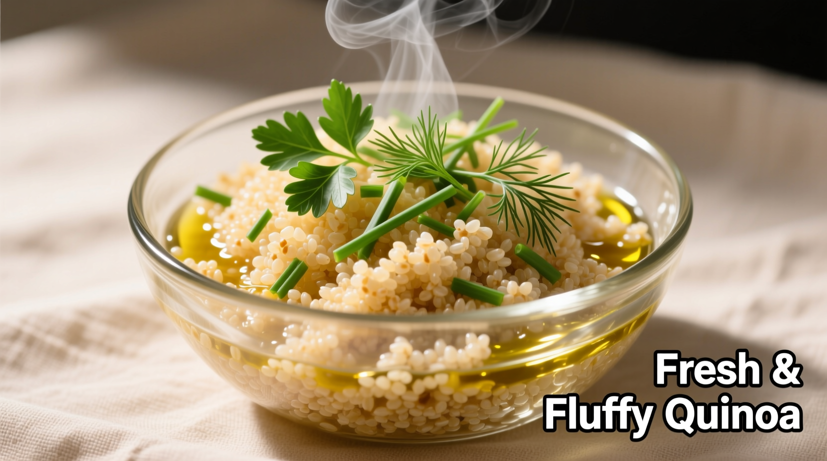 Perfectly cooked fluffy quinoa in a glass bowl with fresh herbs