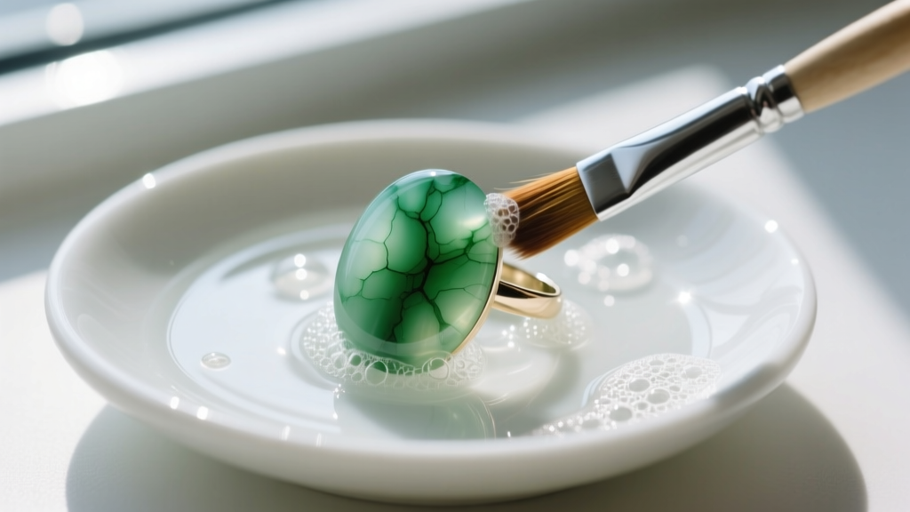 Top-down view of a soft brush cleaning a moss agate cabochon ring in soapy water, illuminated by bright natural window daylight.