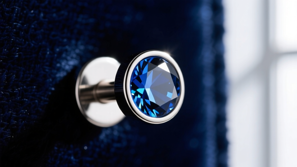 Close-up of a 16g titanium flat-back labret with a sapphire gem on dark velvet, highlighting the mirror-polished finish