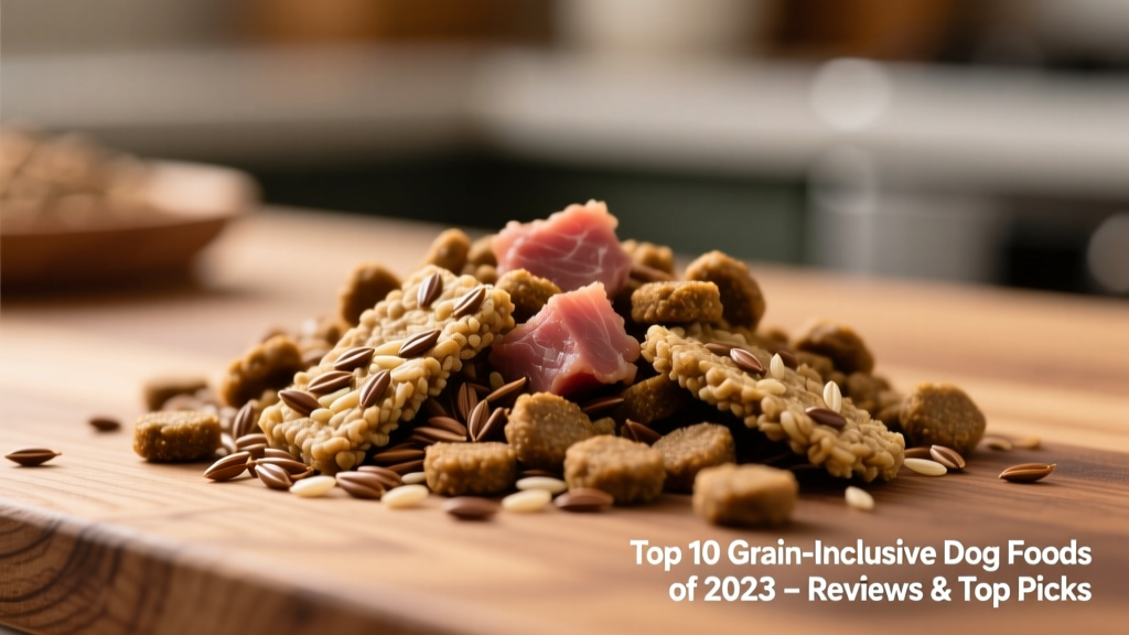 Close-up of kibble showing visible flakes of flaxseed and specks of brown rice mixed with meat pieces