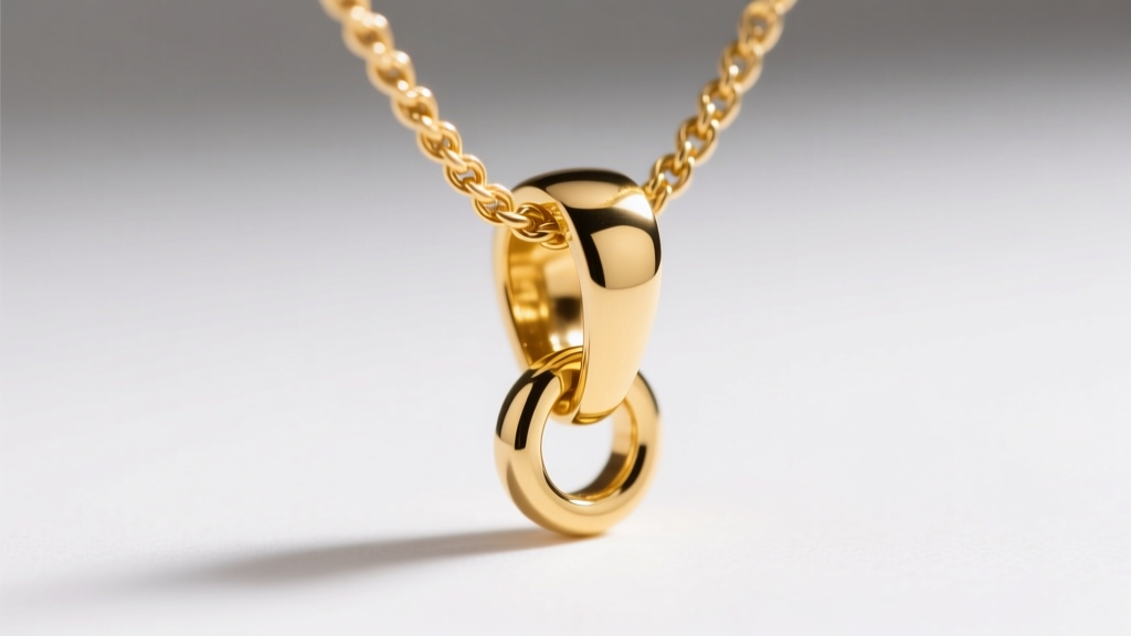 Macro shot of a gold pendant on a 3mm rope chain, highlighting the bail opening and chain thickness in bright studio lighting setup