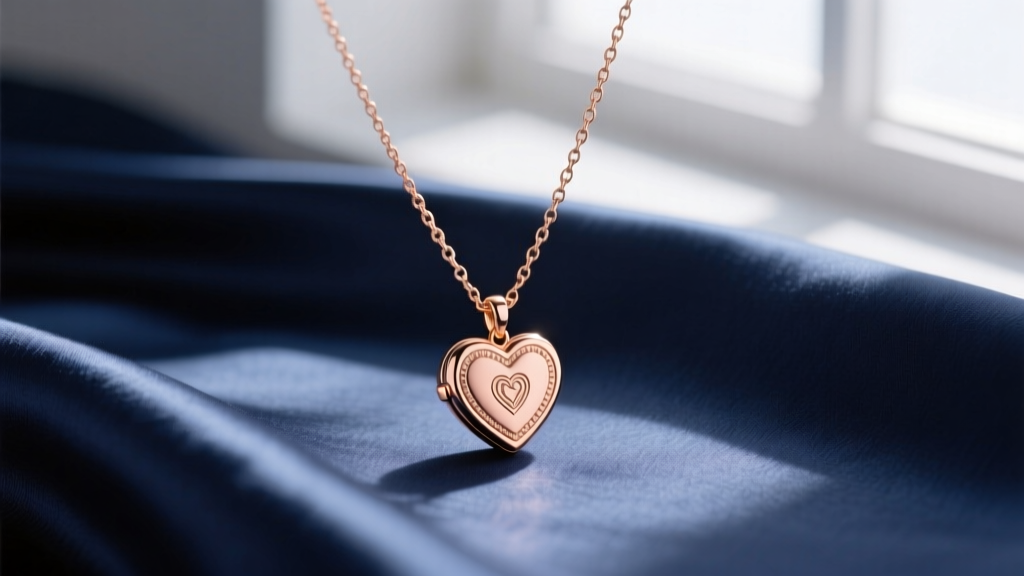 Close-up of a delicate 14k rose gold romantic necklace featuring a small heart-shaped locket resting on a silk fabric background