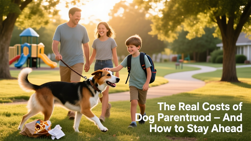 A joyful family walking their medium-sized mixed-breed dog in a sunny park