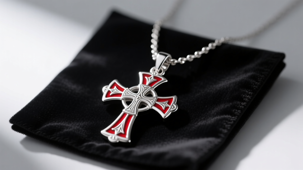 Sterling silver templar cross necklace with red enamel detailing resting on a dark velvet jewelry cleaning cloth in soft lighting.