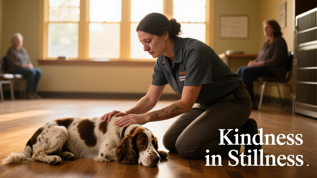 A gentle shelter worker kneeling beside a quiet, resting Spaniel in a softly lit meet-and-greet room