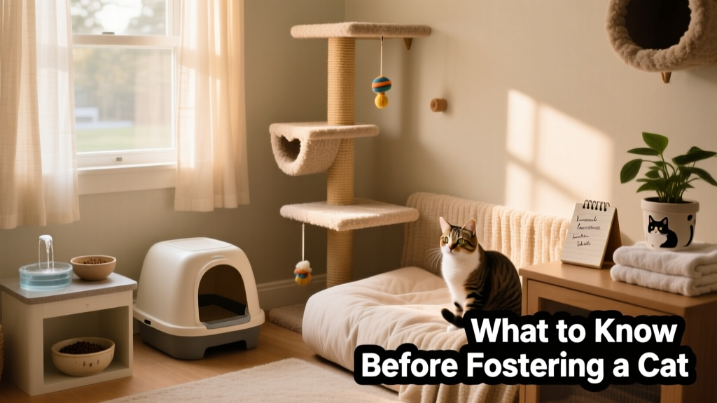 A well-organized foster room with litter box, food station, cozy bed, and climbing shelf