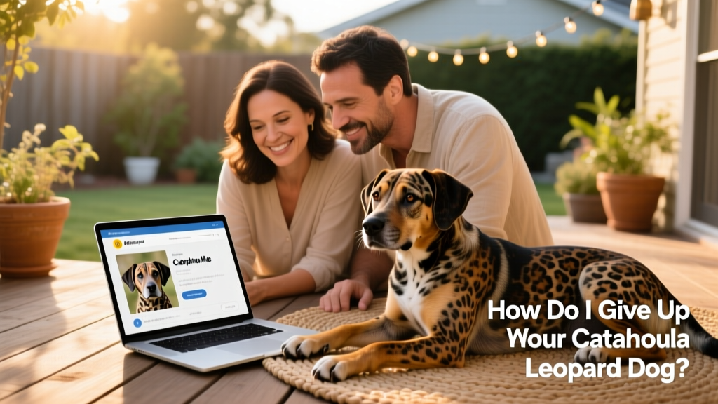 Two people reviewing a digital adoption profile together on a laptop, with a friendly Catahoula Leopard Dog resting nearby