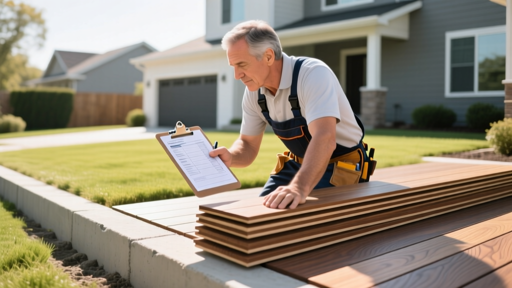 Contractor reviewing deck cost estimate clipboard next to stacked composite decking boards and poured concrete footers in a sunny backyard