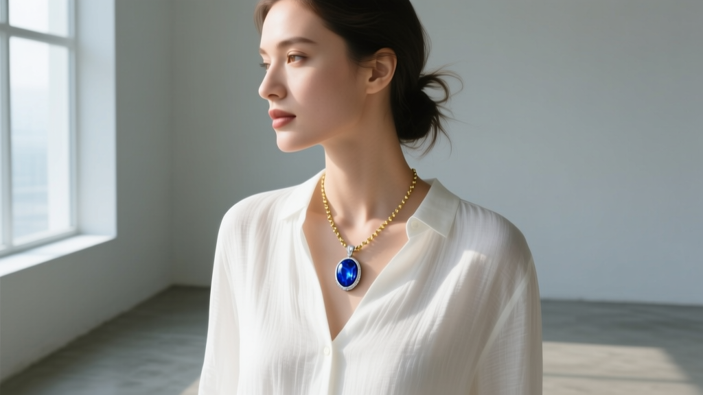 Woman wearing a lapis lazuli silver pendant layered with delicate gold satellite chains over a crisp white linen button-down top