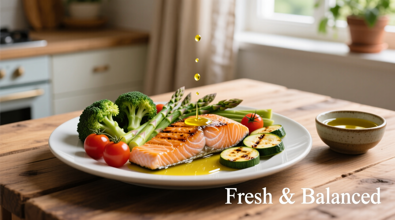 Healthy plate with vegetables, fish, and olive oil