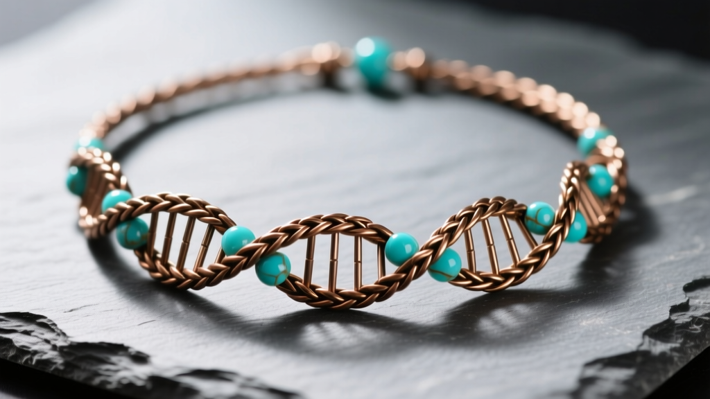 Macro shot of a braided herringbone necklace in bronze and turquoise beads on slate, showing the twisted DNA-like spiral texture.