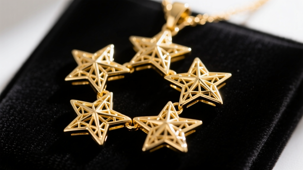 Close-up of a solid 14k yellow gold five-piece interlocking star pendant, separated slightly on a dark velvet display pad.