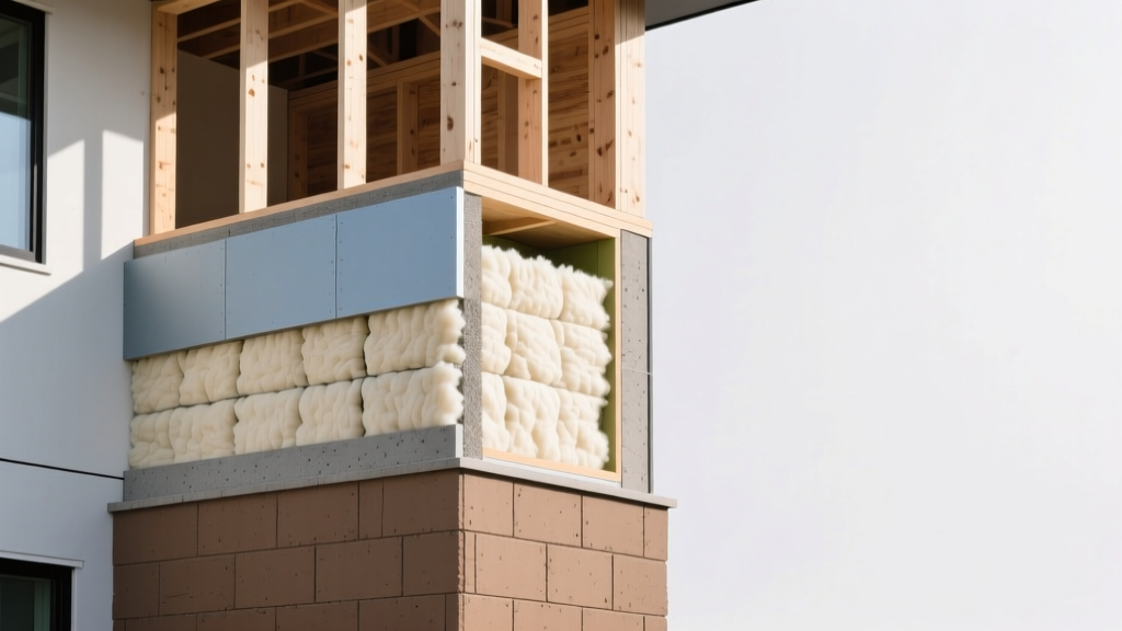 Wall cross-section displaying mineral wool insulation, weather barrier, and thick fiber cement siding over wood framing