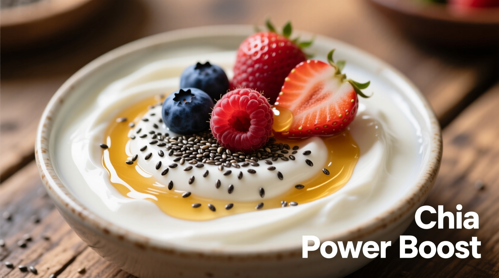 Chia seeds mixed in Greek yogurt with fresh berries