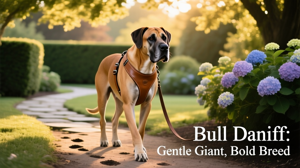 A Bull Daniff wearing a comfortable harness on a shaded garden path during a relaxed walk