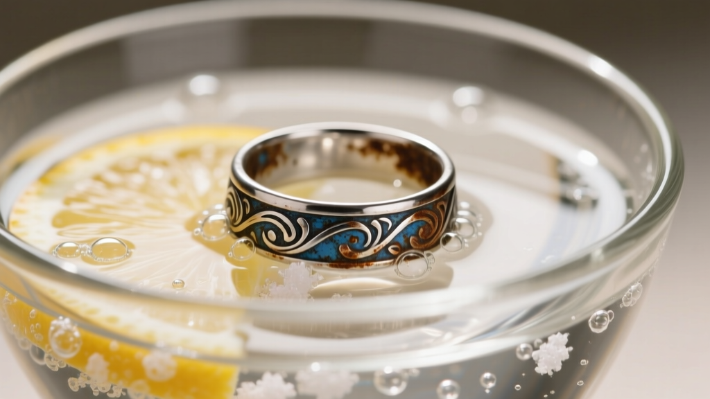 Close-up of a tarnished sterling silver ring submerged in a glass bowl of DIY cleaning solution under warm overhead light.