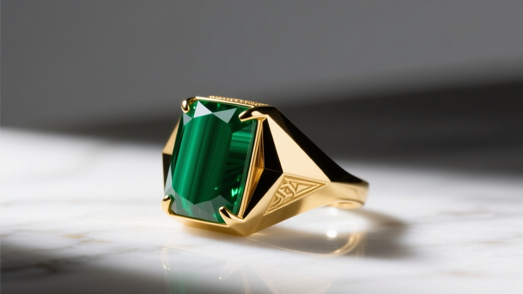 Gold vermeil cocktail ring with geometric green onyx stone, resting on white marble surface under dramatic, moody studio lighting