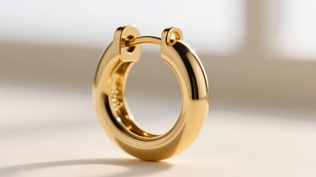 Macro shot of a 20-gauge gold vermeil huggie hoop earring, highlighting the hinge mechanism and clasp against soft natural light.
