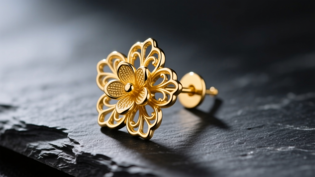 Macro shot of a 14k yellow gold ear jacket earring on dark slate, highlighting intricate floral metalwork and the earring post.